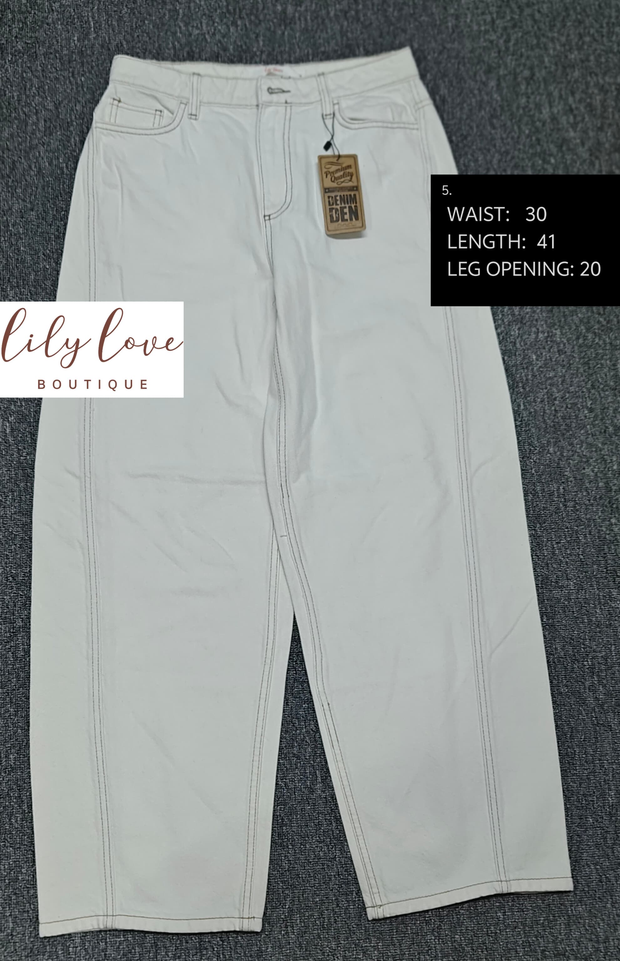 LILY LOVE BOUTIQUE white barrel jeans. 