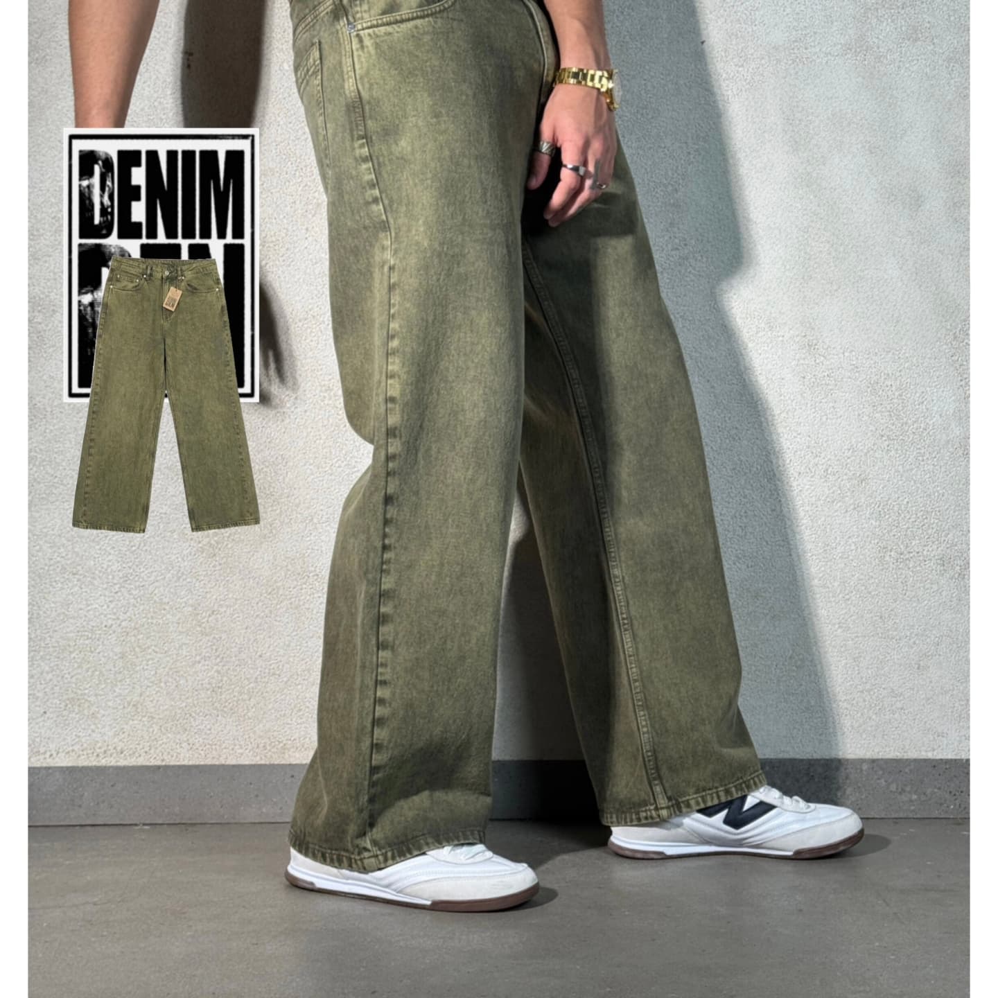 Green mid wash semi baggy pants